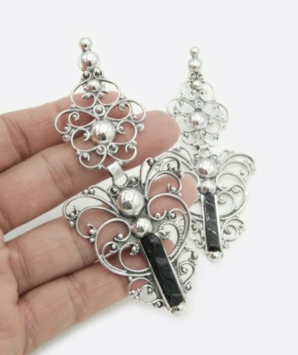 . Maxi pendientes sapo, filigrana gallega y azabache .